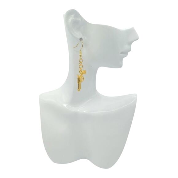 Western Revolver Earrings Gold Tone Pistol Dangles - Picture 3 of 3